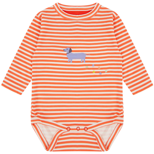 Baby Vest Long Sleeve - 100% Organic Cotton - Orange and White Stripe Sausage Dog