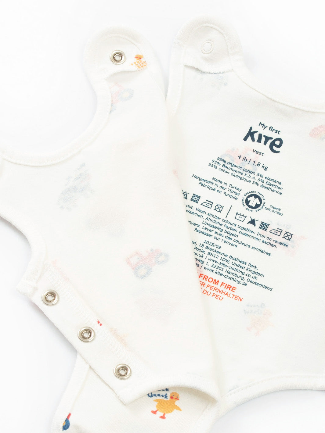 Open arm view of My First Vest Old Macdonald Cream showing easy access design – practical for premature and early baby dressing