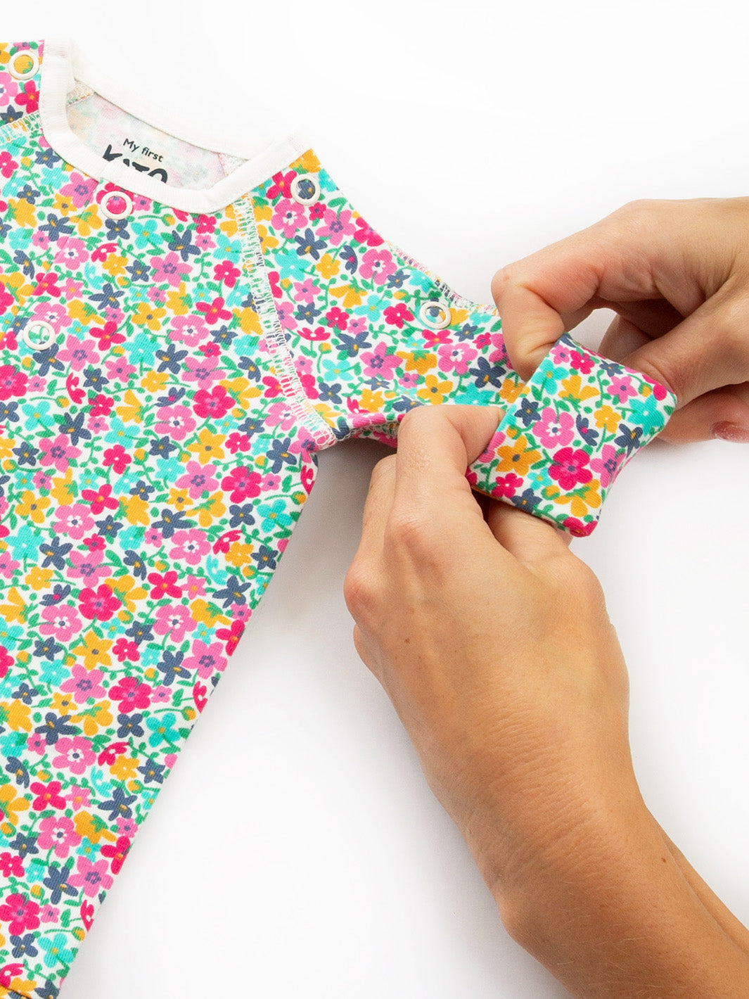 Petal Potion print, soft organic cotton sleepsuit ideal for tiny babies, premature and early baby care, perfect for babies born too soon - arm cuff
