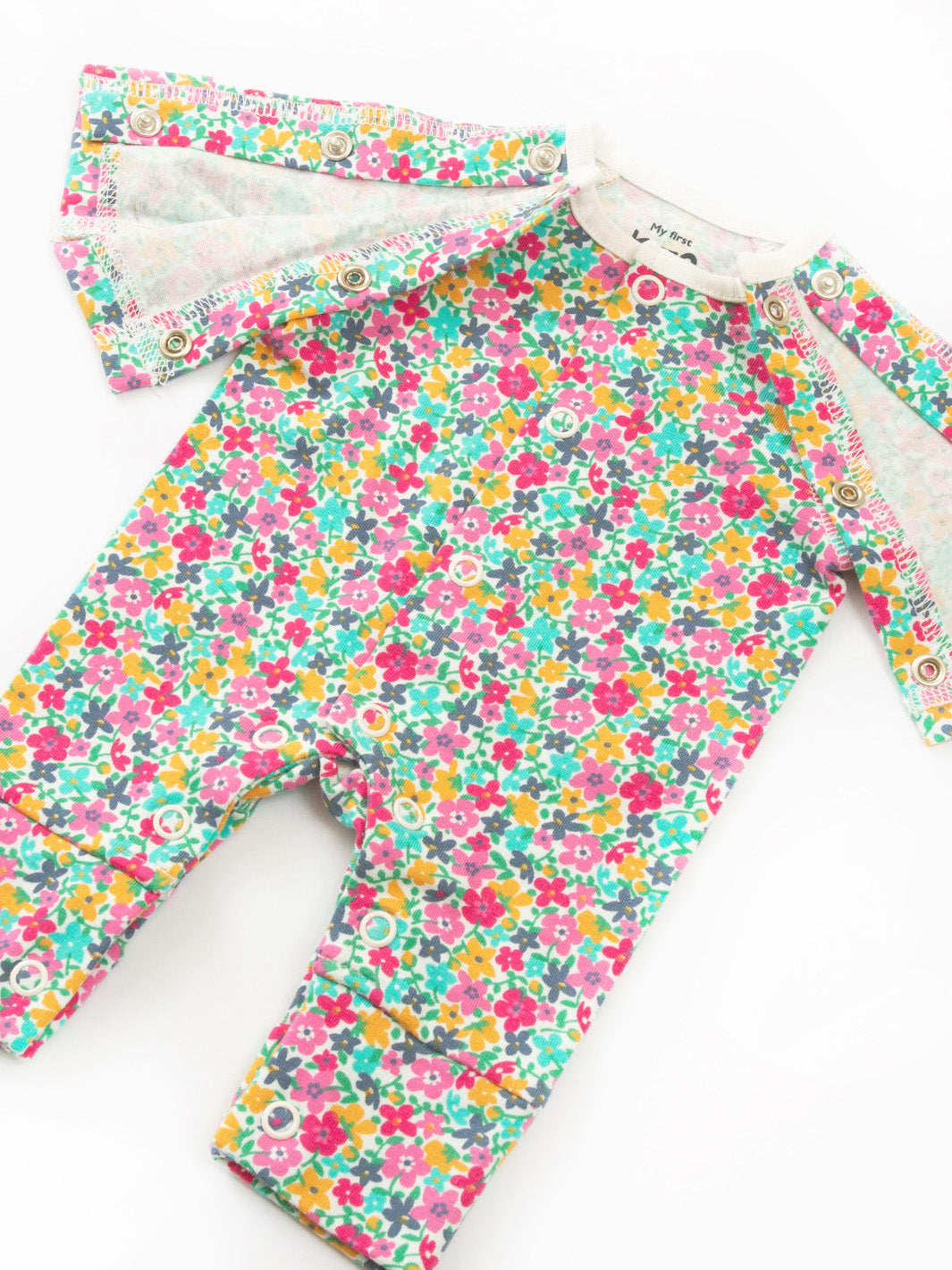 Petal Potion print, soft organic cotton sleepsuit ideal for tiny babies, premature and early baby care, perfect for babies born too soon - open arms
