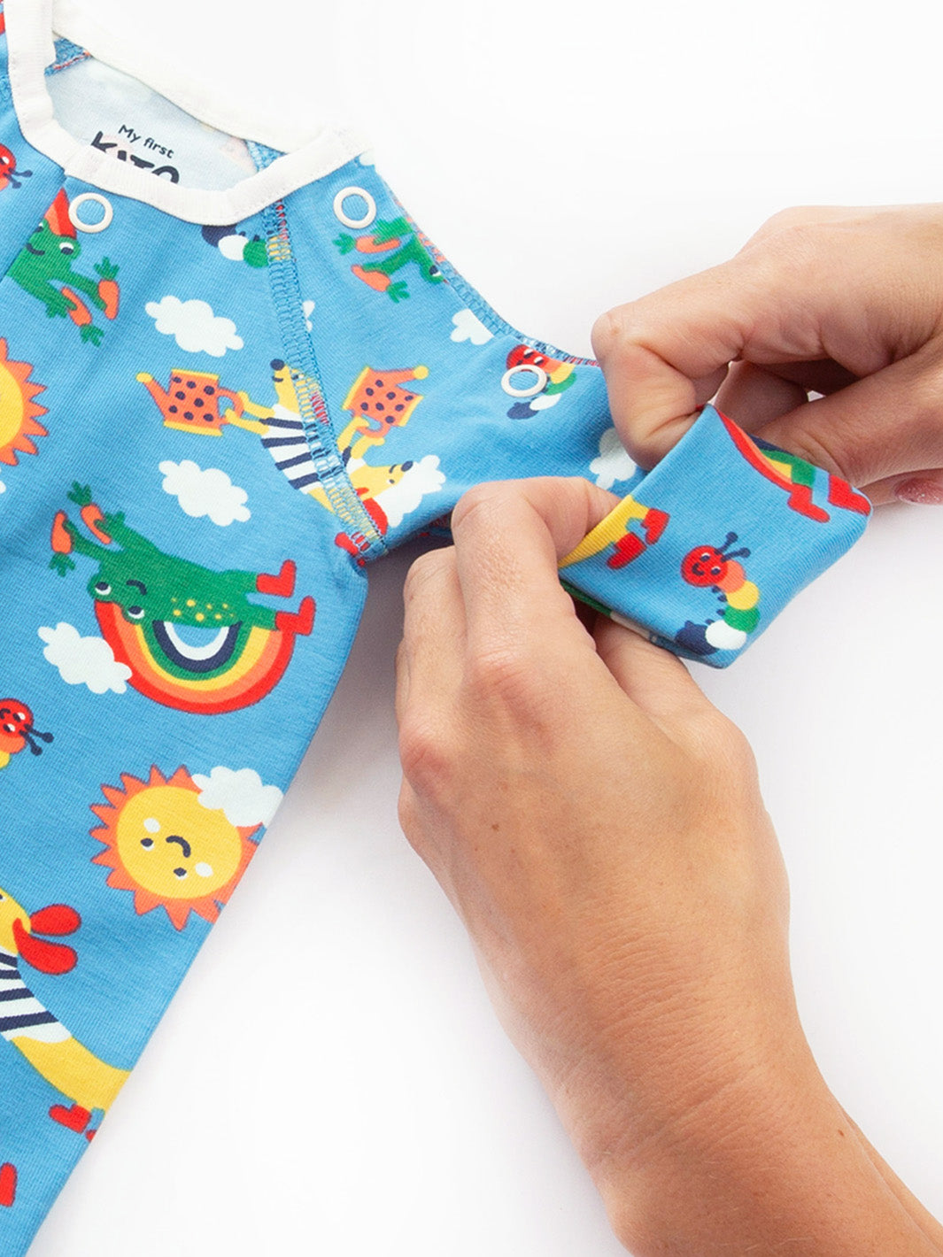 Close-up of arm cuff on My First Sleepsuit Planet Pals Blue – designed for tiny and preemie babies, soft and safe for premature and early baby skin, ideal for babies born too soon.