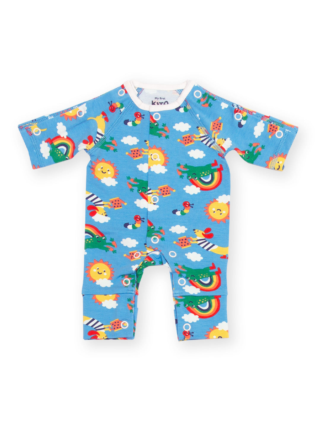 Flat lay of My First Sleepsuit Planet Pals Blue – soft tiny baby sleepsuit for premature babies and early arrivals, ideal for babies born too soon. Gentle fabric, perfect preemie baby clothes