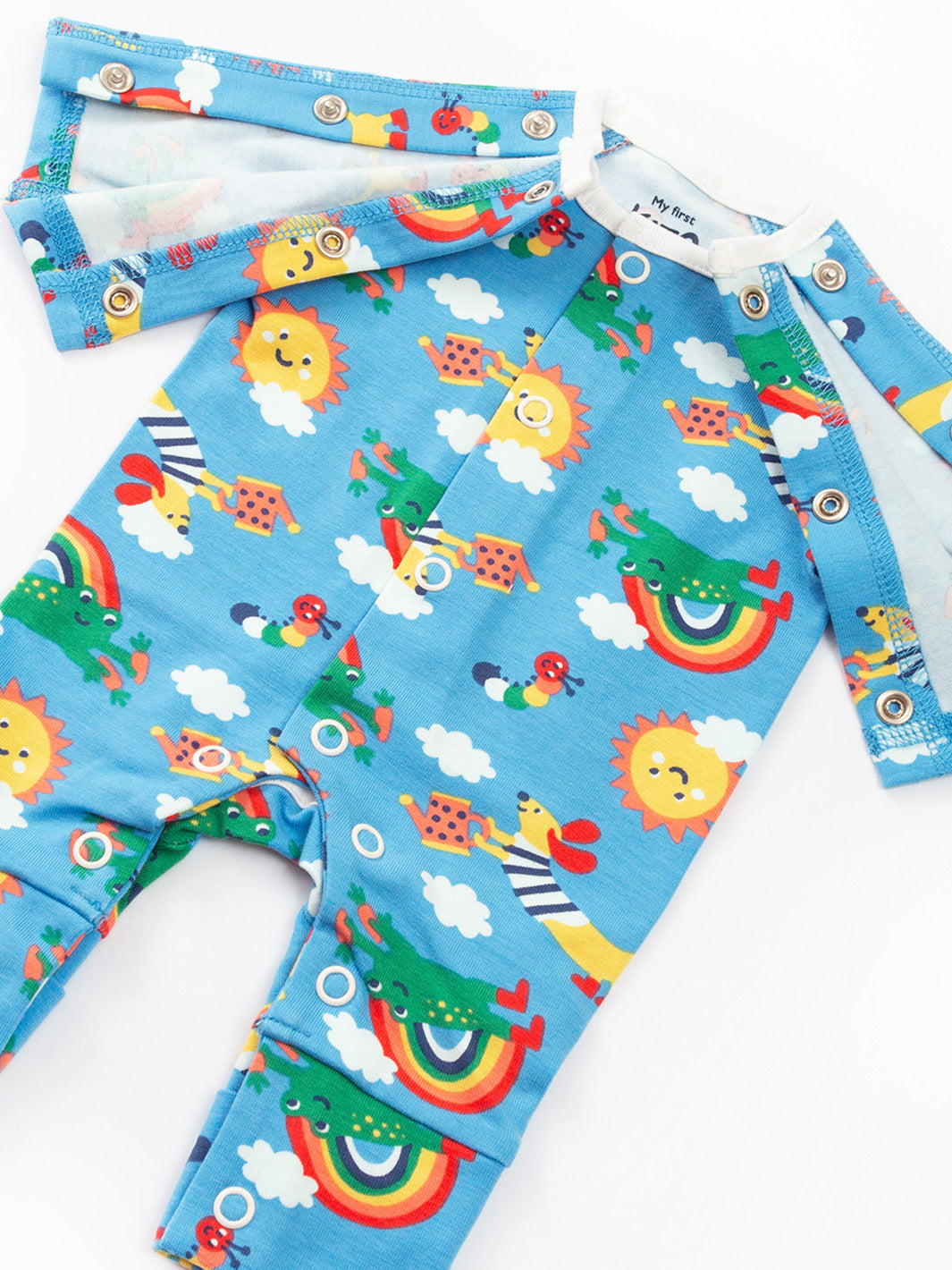 Open arm view of My First Sleepsuit Planet Pals Blue – shows easy-access design for preemie and premature babies, suitable for tiny babies and early baby arrivals, perfect for babies born too soon.