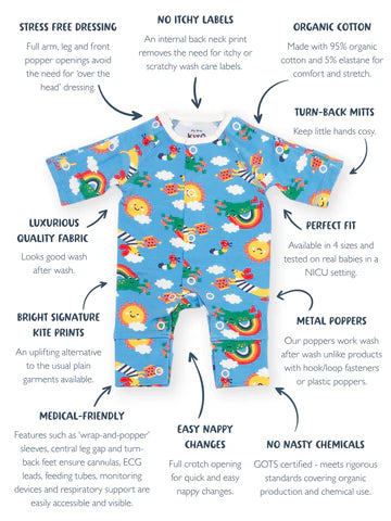Children's outfit with colorful design and text highlighting features on a white background