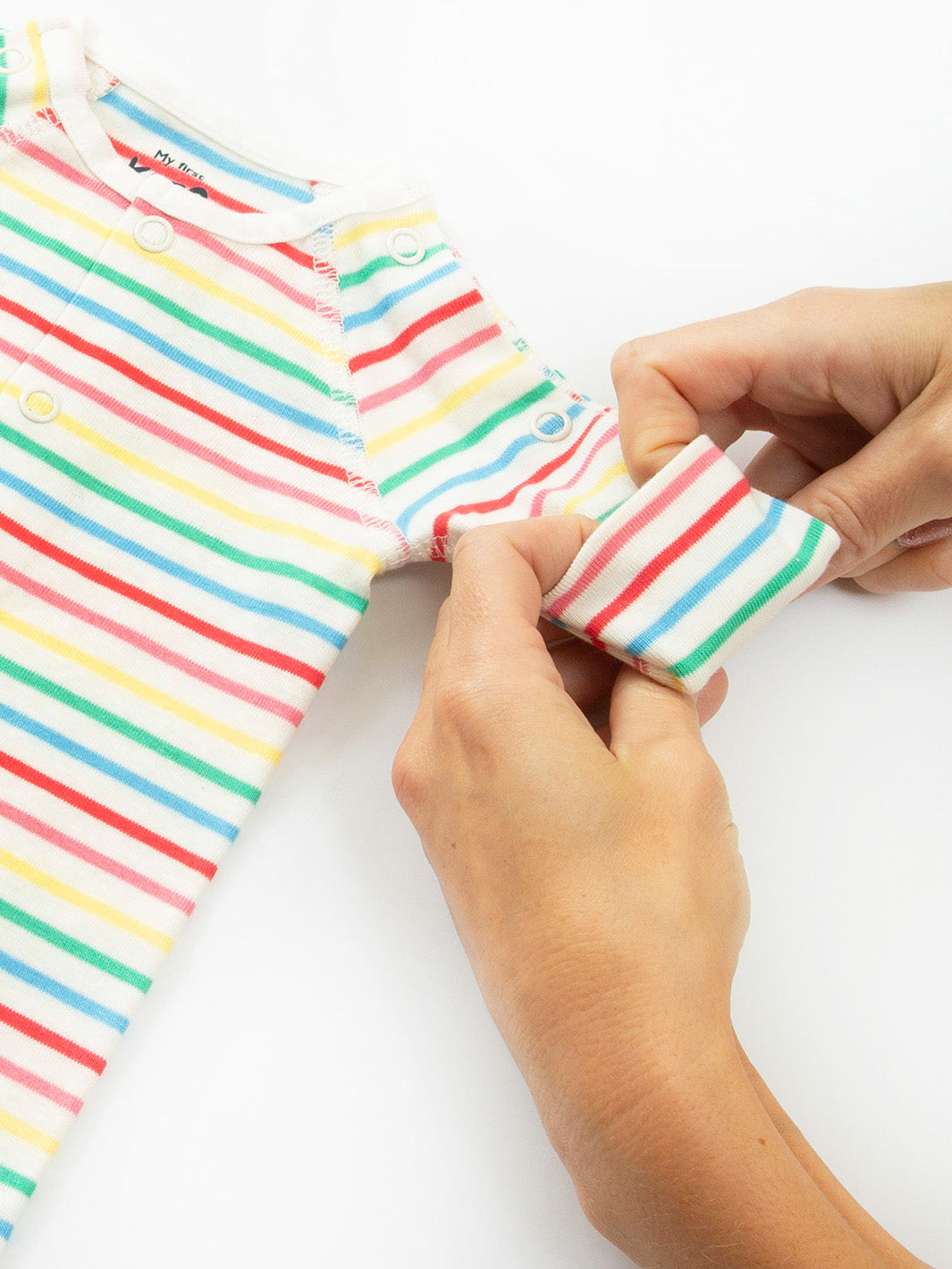 Close‑up of arm cuff on My First Sleepsuit Rainbow Stripe – soft, safe detail for tiny babies and preemie babies, designed for premature and early baby arrivals, ideal for babies born too soon