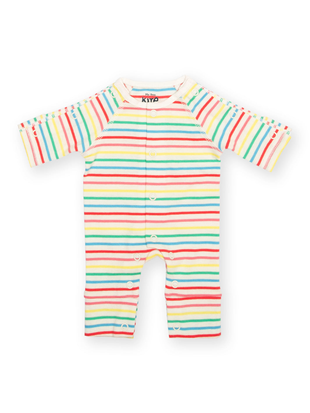 Flat lay of My First Sleepsuit Rainbow Stripe – soft baby sleepsuit with rainbow stripes, perfect for tiny babies, premature and early baby arrivals, ideal preemie baby clothing for babies born too soon