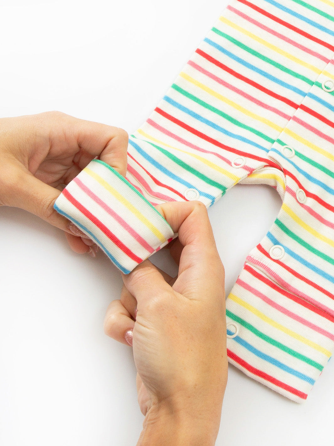 Leg cuff detail of My First Sleepsuit Rainbow Stripe – gentle fit for tiny babies, premature and early baby comfort, perfect preemie baby clothing for babies born too soon