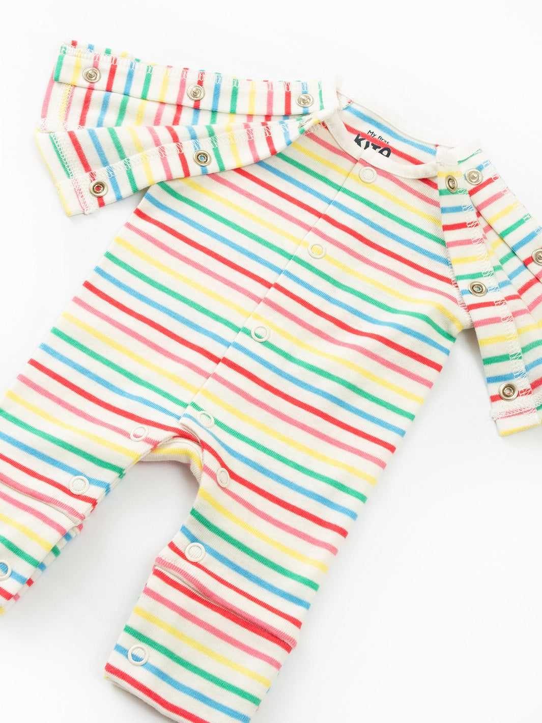 Open arm view of My First Sleepsuit Rainbow Stripe showing easy access design – practical for preemie and premature babies, soft and comfortable for tiny babies and early baby arrivals, ideal for babies born too soon