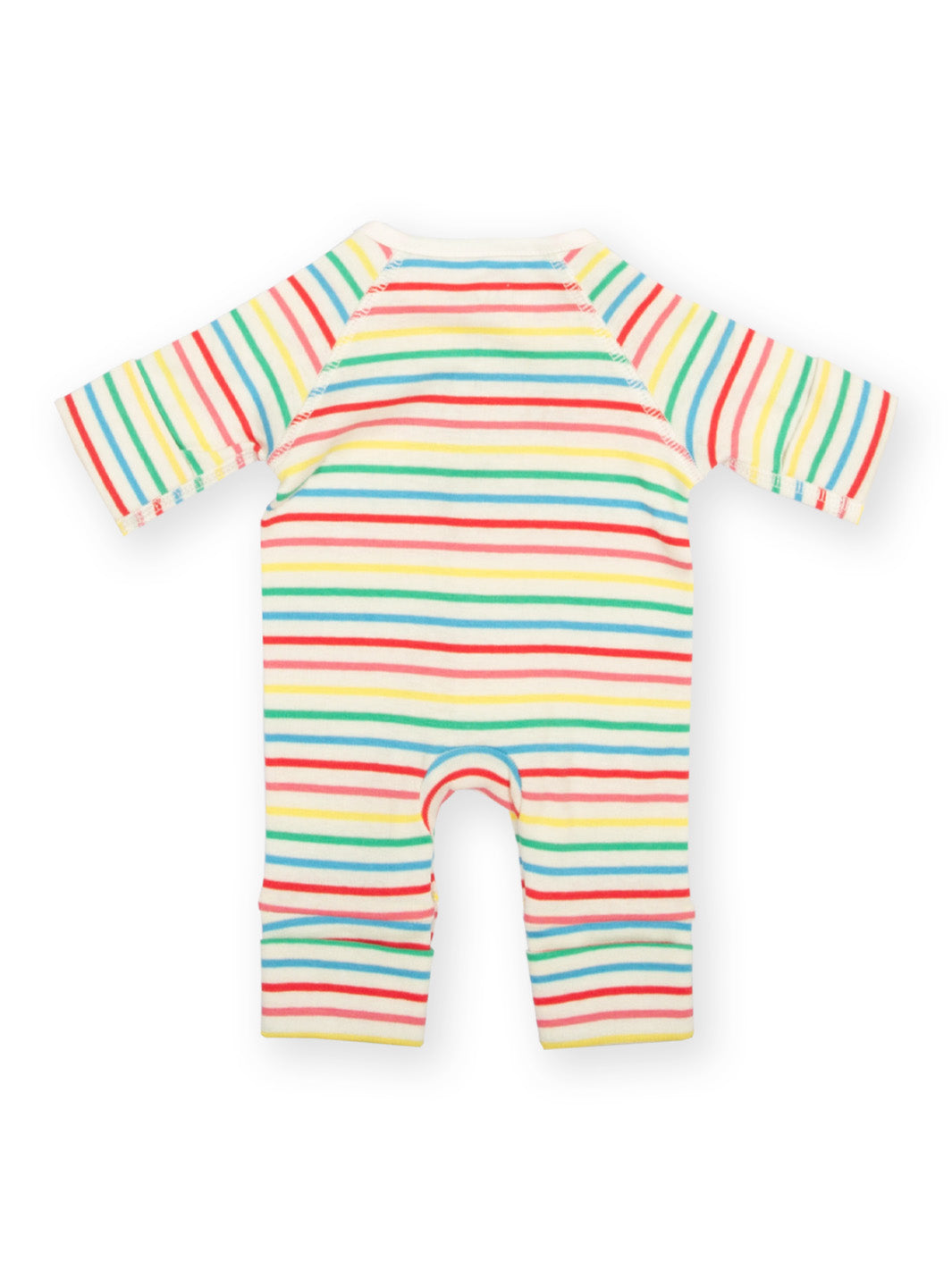 Rear view of My First Sleepsuit Rainbow Stripe showing back and stripe detail – gentle organic cotton baby clothes for tiny babies, premature and early baby needs, suitable for babies born too soon