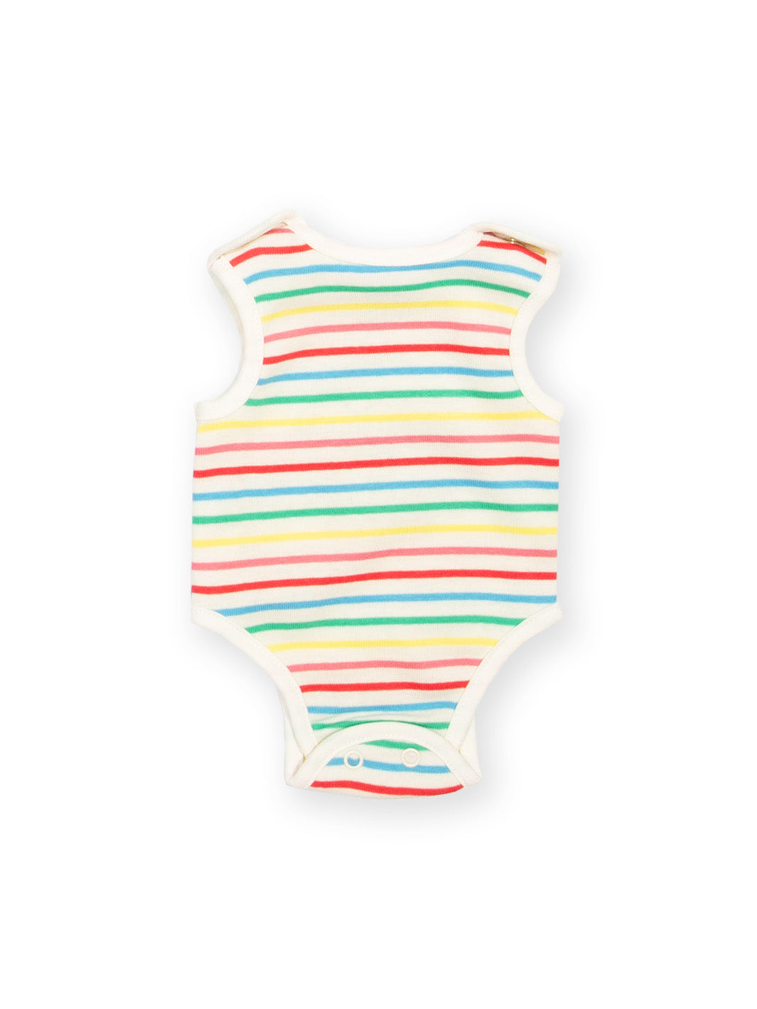 Flat lay of My First Vest Rainbow Stripe – bright preemie baby vest with rainbow stripes, ideal for tiny babies and premature babies.