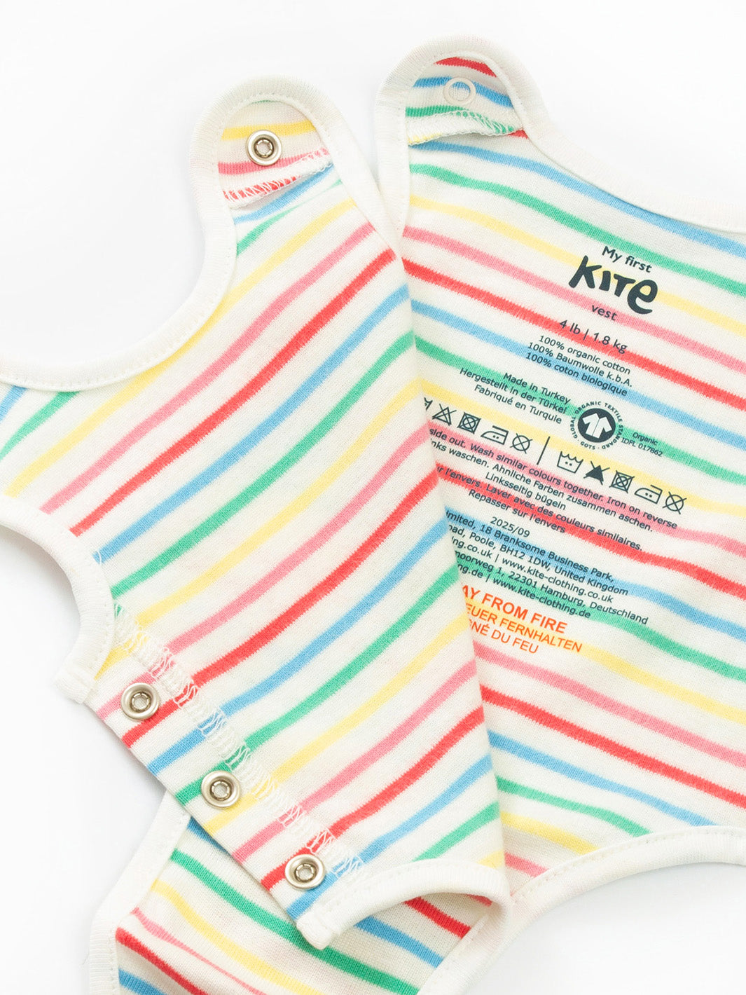 Open arm view of My First Vest Rainbow Stripe – easy access design for premature and early baby dressing