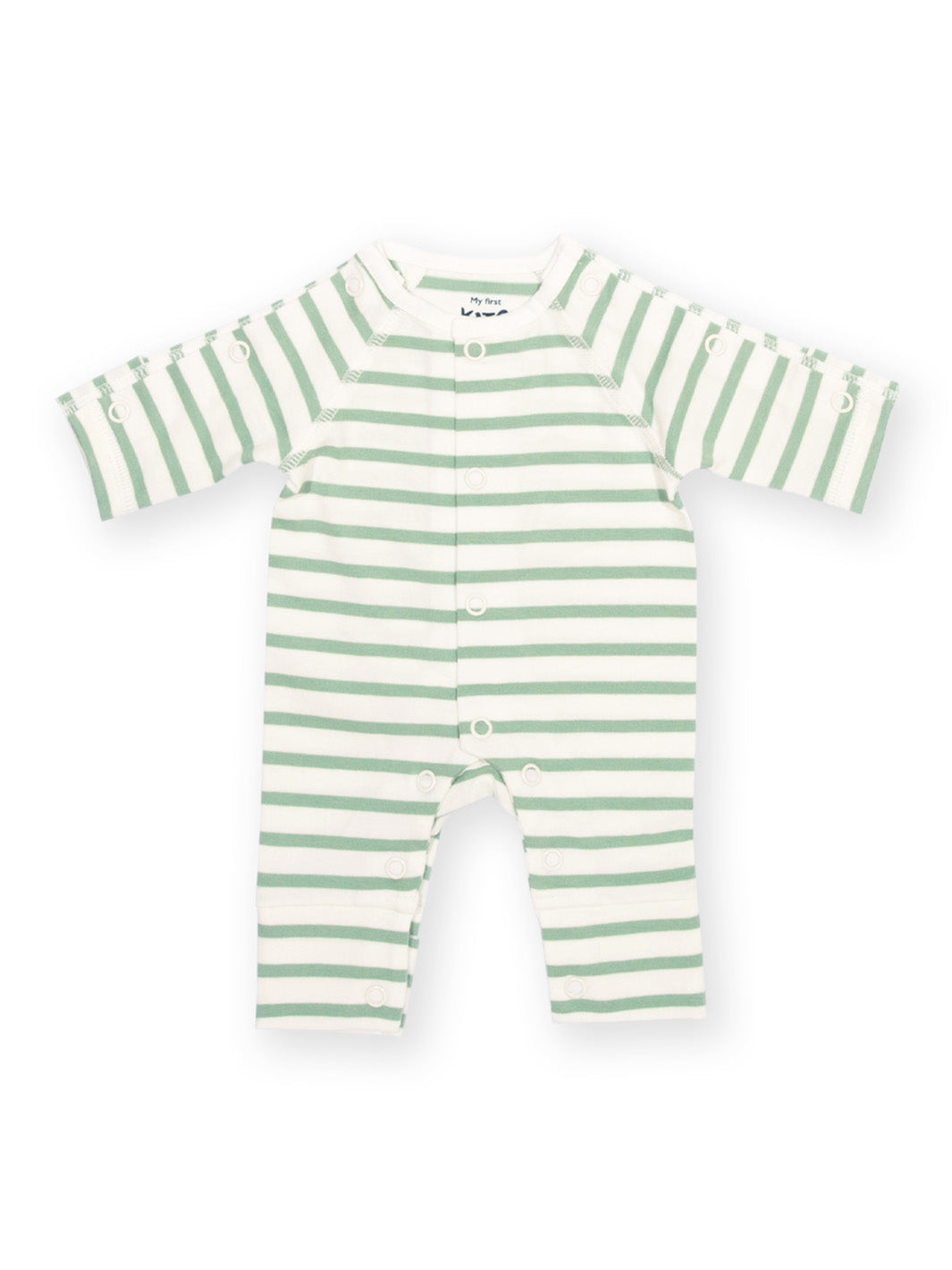 Flat lay of My First Sleepsuit Sage Stripe – soft tiny baby sleepsuit with sage stripe, ideal preemie baby clothing for premature and early baby arrivals, perfect for babies born too soon
