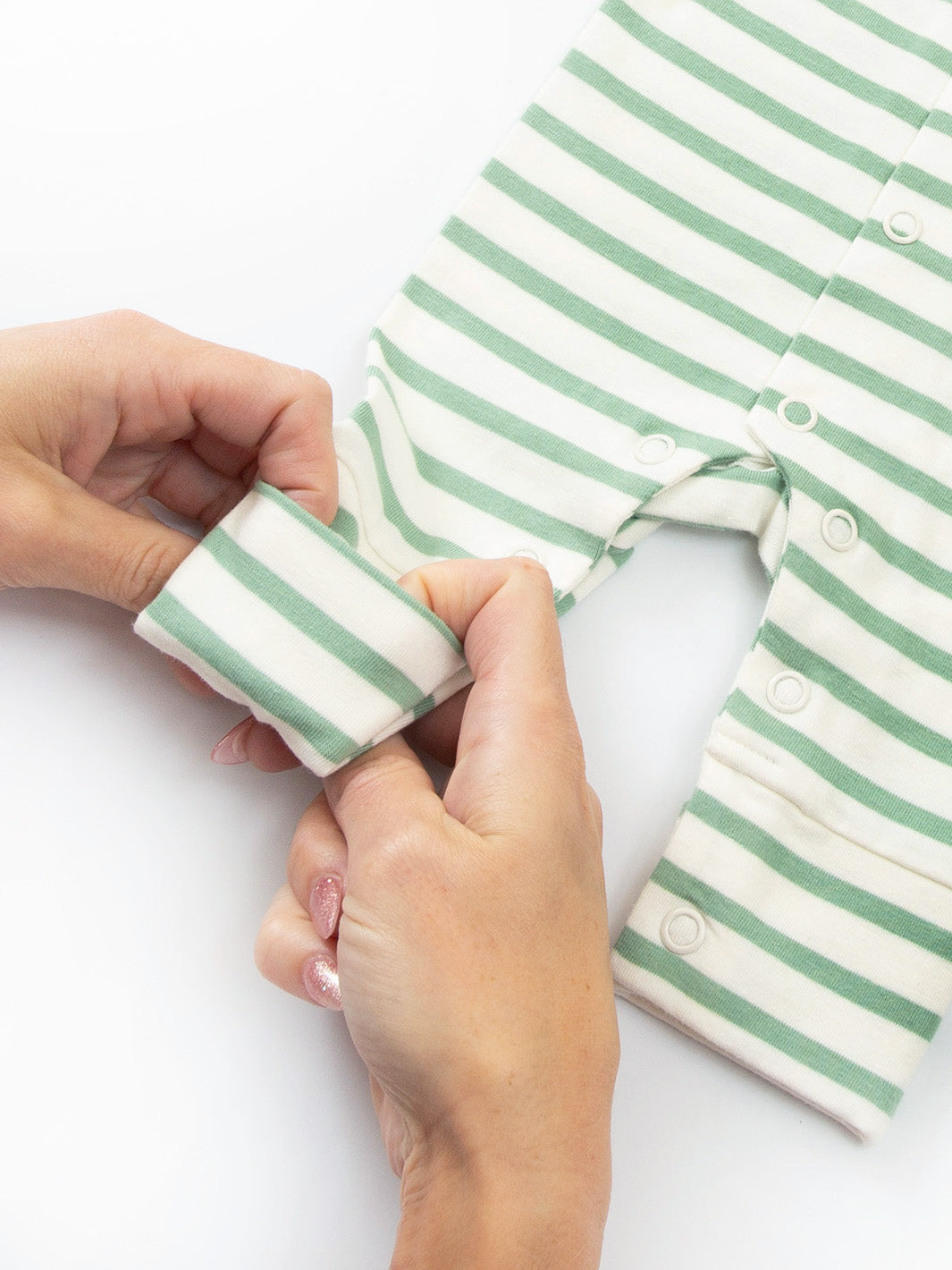 Leg cuff detail of My First Sleepsuit Sage Stripe – gentle fit for tiny babies, premature and early baby arrivals, practical baby sleepsuit for babies born too soon