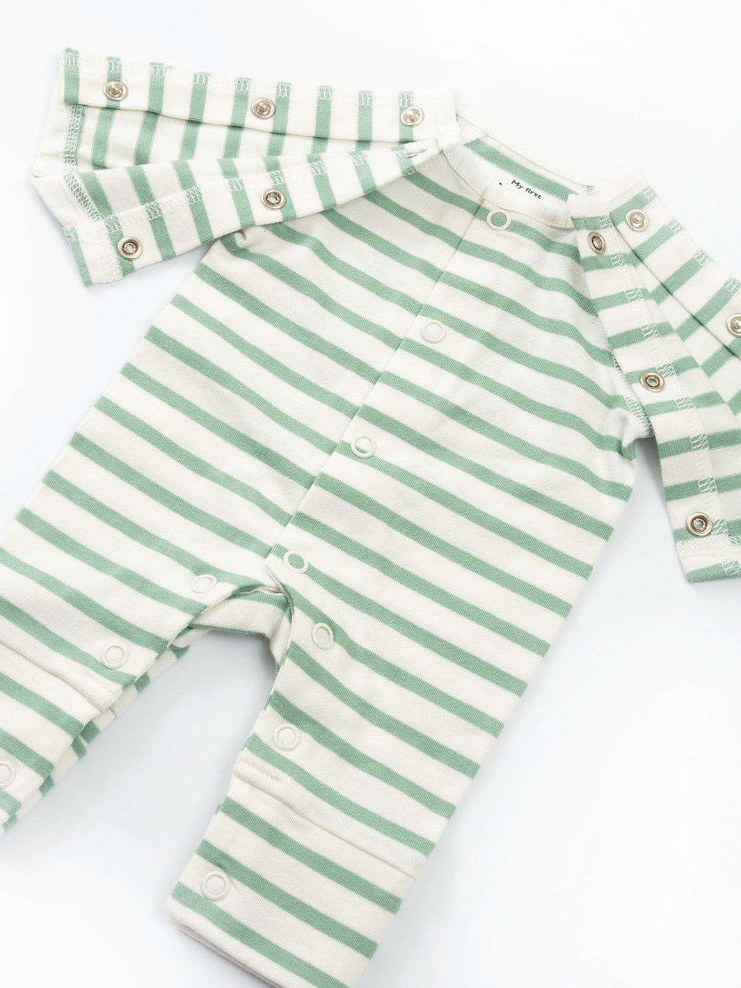 Open arm view of My First Sleepsuit Sage Stripe showing easy‑access design – ideal for premature babies, comfortable for tiny babies and early baby arrivals, perfect for babies born too soon