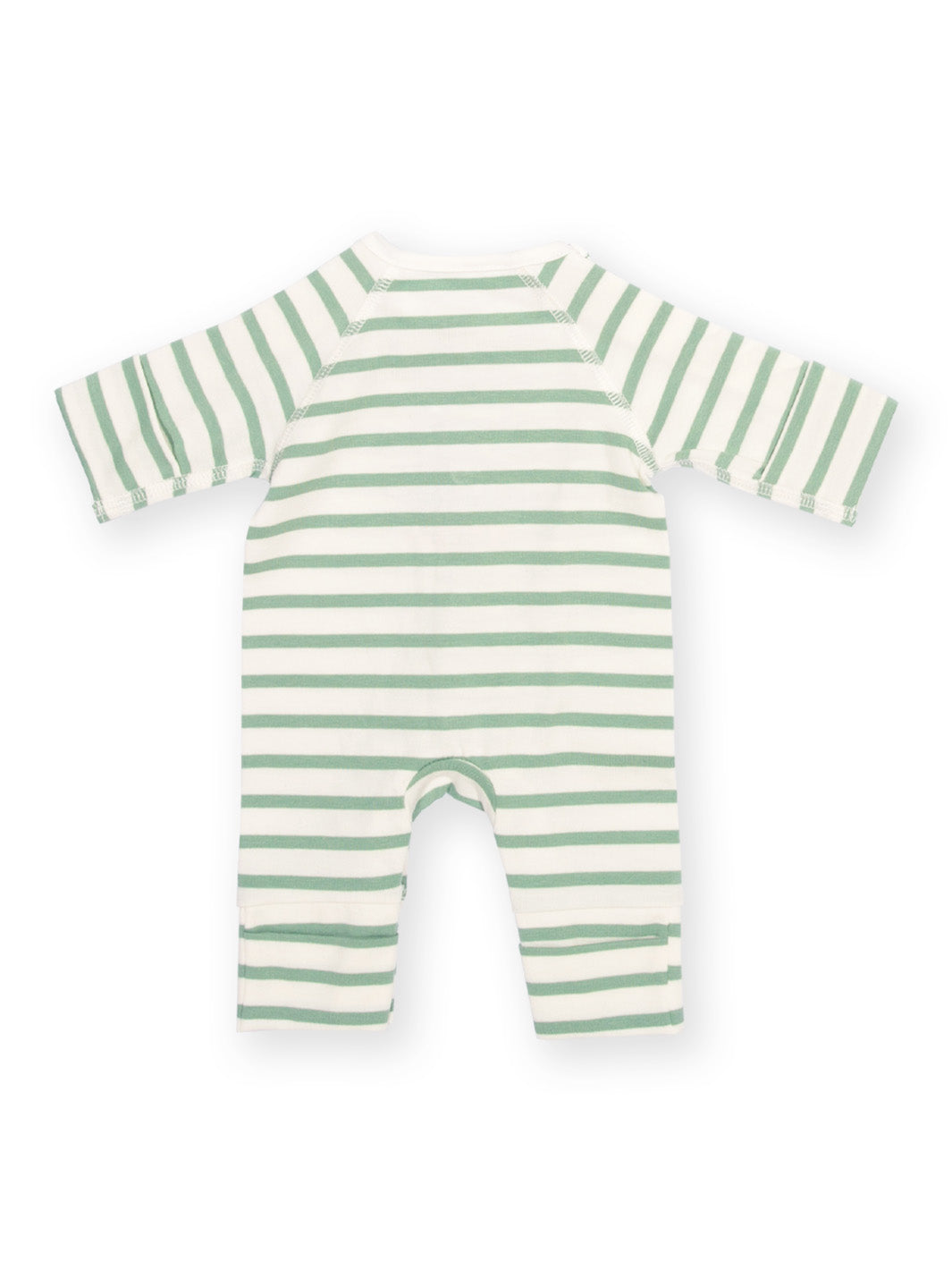 Rear view of My First Sleepsuit Sage Stripe showing back stripe detail – gentle and practical clothes for tiny babies, premature baby and early baby needs.