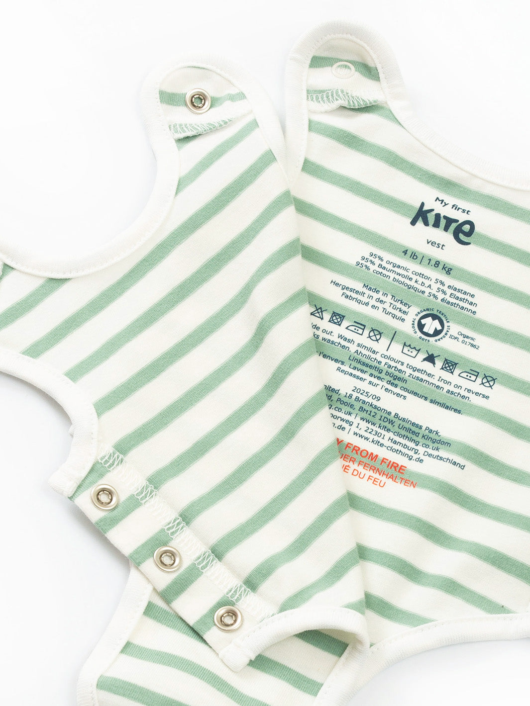 Open arm view of My First Vest Sage Stripe Green – easy access design ideal for premature and early baby dressing needs