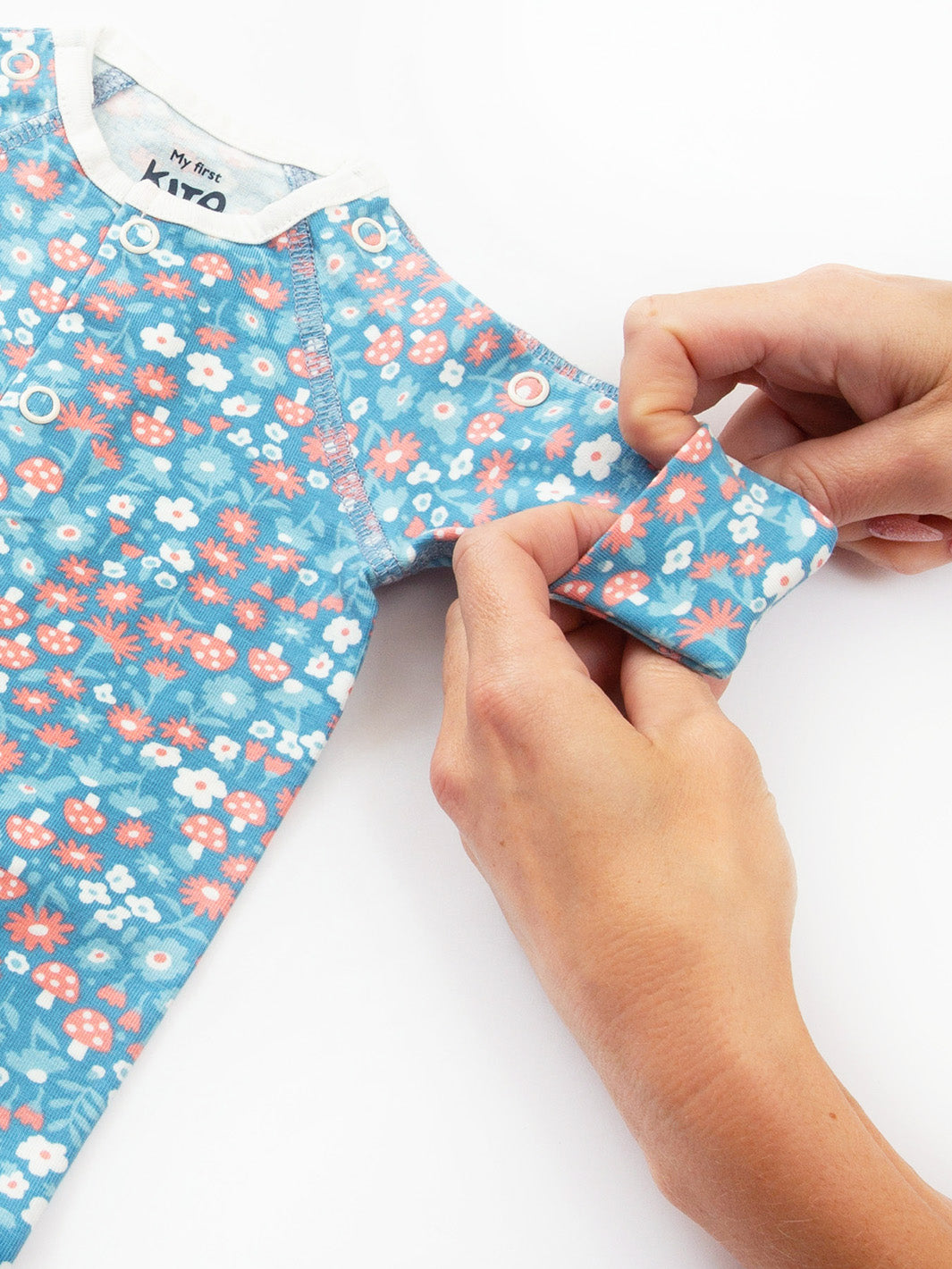 Close‑up of arm cuff on My First Sleepsuit Winter Woodland Blue – soft, secure cuff for tiny babies and preemie babies, designed for premature and early baby arrivals, suitable for babies born too soon