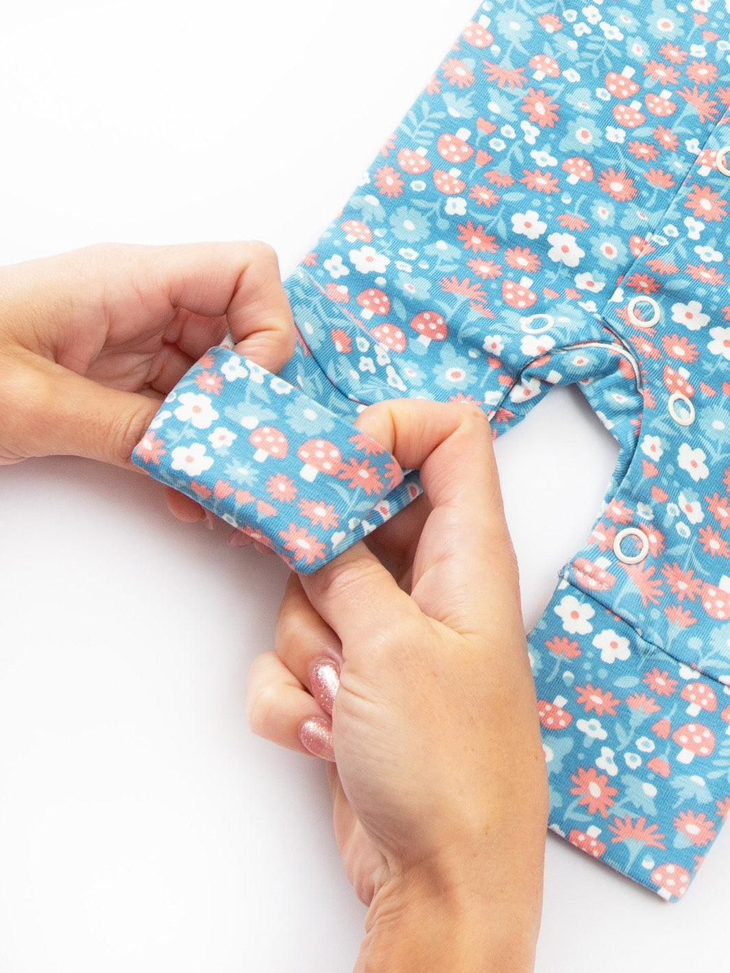 Leg cuff detail of My First Sleepsuit Winter Woodland Blue – gentle fit for tiny babies and preemie baby clothing, ideal for premature and early baby comfort and babies born too soon