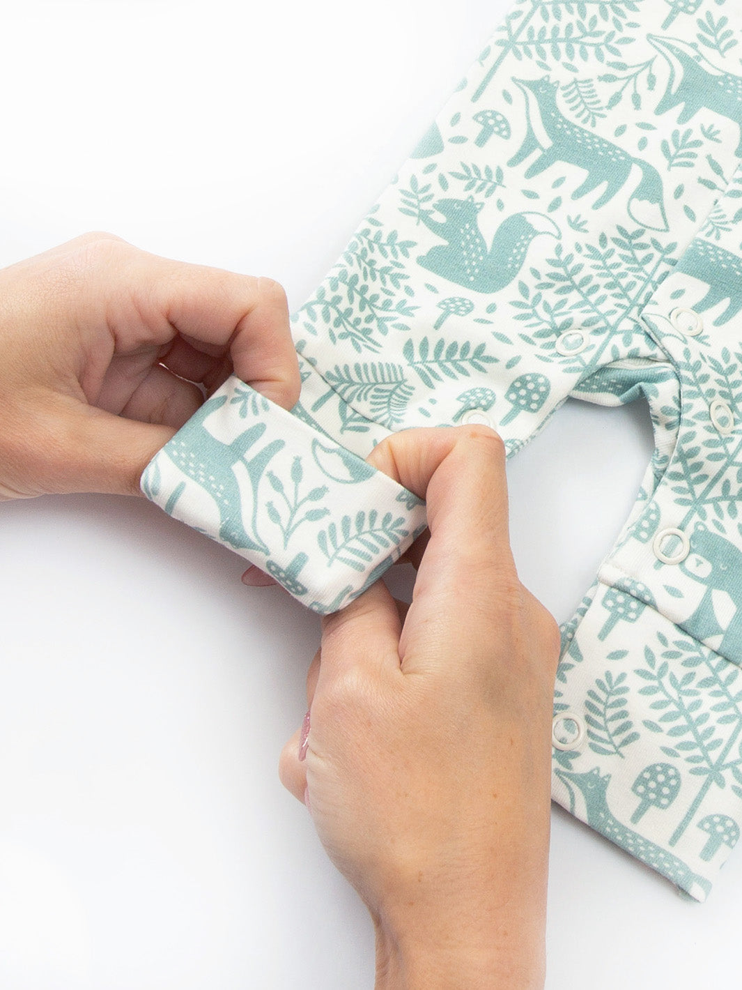 Leg cuff detail of My First Sleepsuit Woodland Walk Green – comfortable fit for preemie and tiny baby needs, crafted for premature and early baby comfort for those born too soon