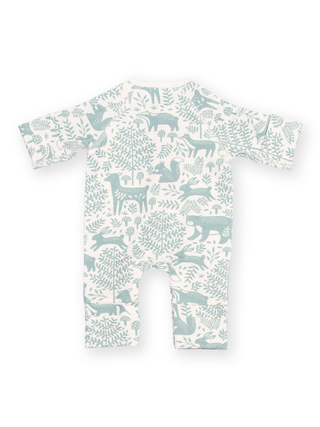 Rear view of My First Sleepsuit Woodland Walk Green showing back design – gentle and practical preemie baby clothes for early baby and premature babies, suitable for tiny babies and those born too soon